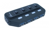 USB 3.0 Verteiler 1:4 schwarz 4x USB 3.0, mit separaten Schaltern,